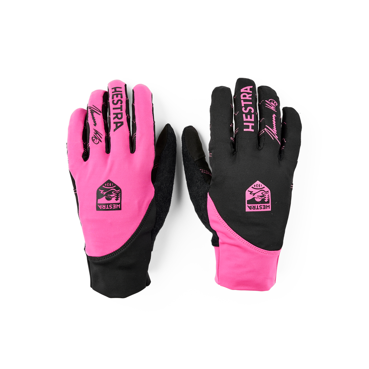 Pink and black cycling glove with lycra back and black synthetic suede palm