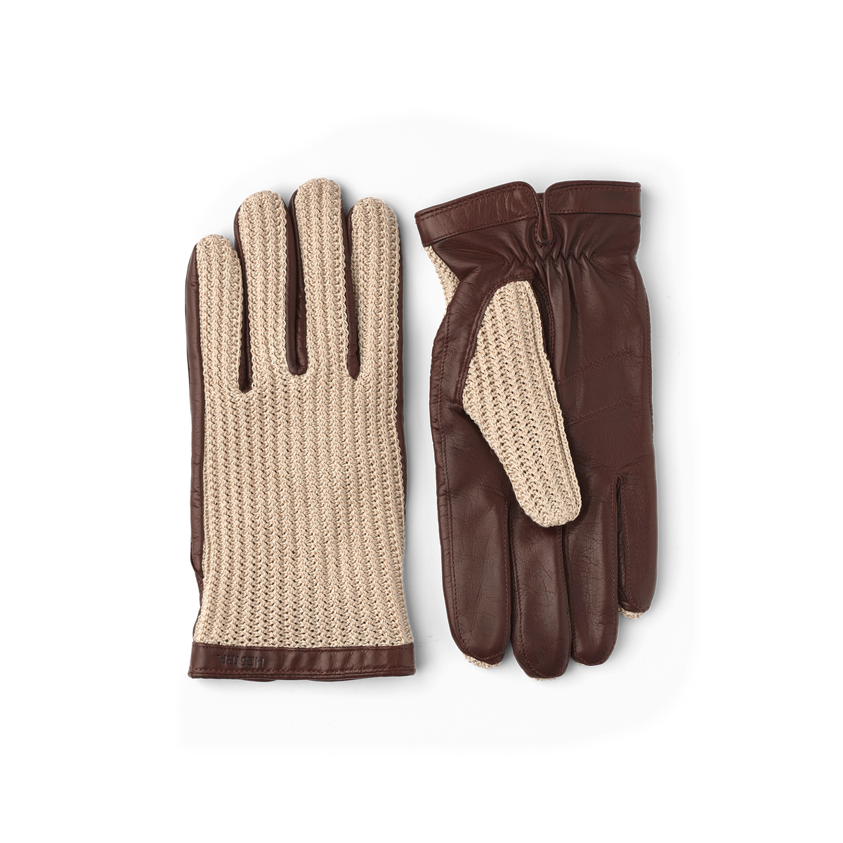 Brown machine-sewn leather glove with beige crocheted cotton back