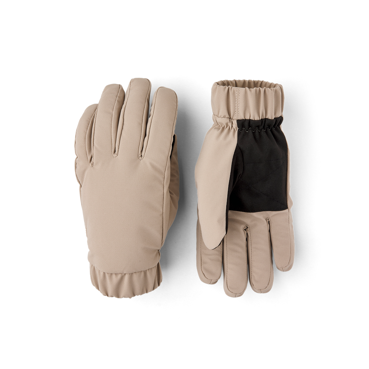 Beige fabric glove with elasticated fabric cuff and black palm
