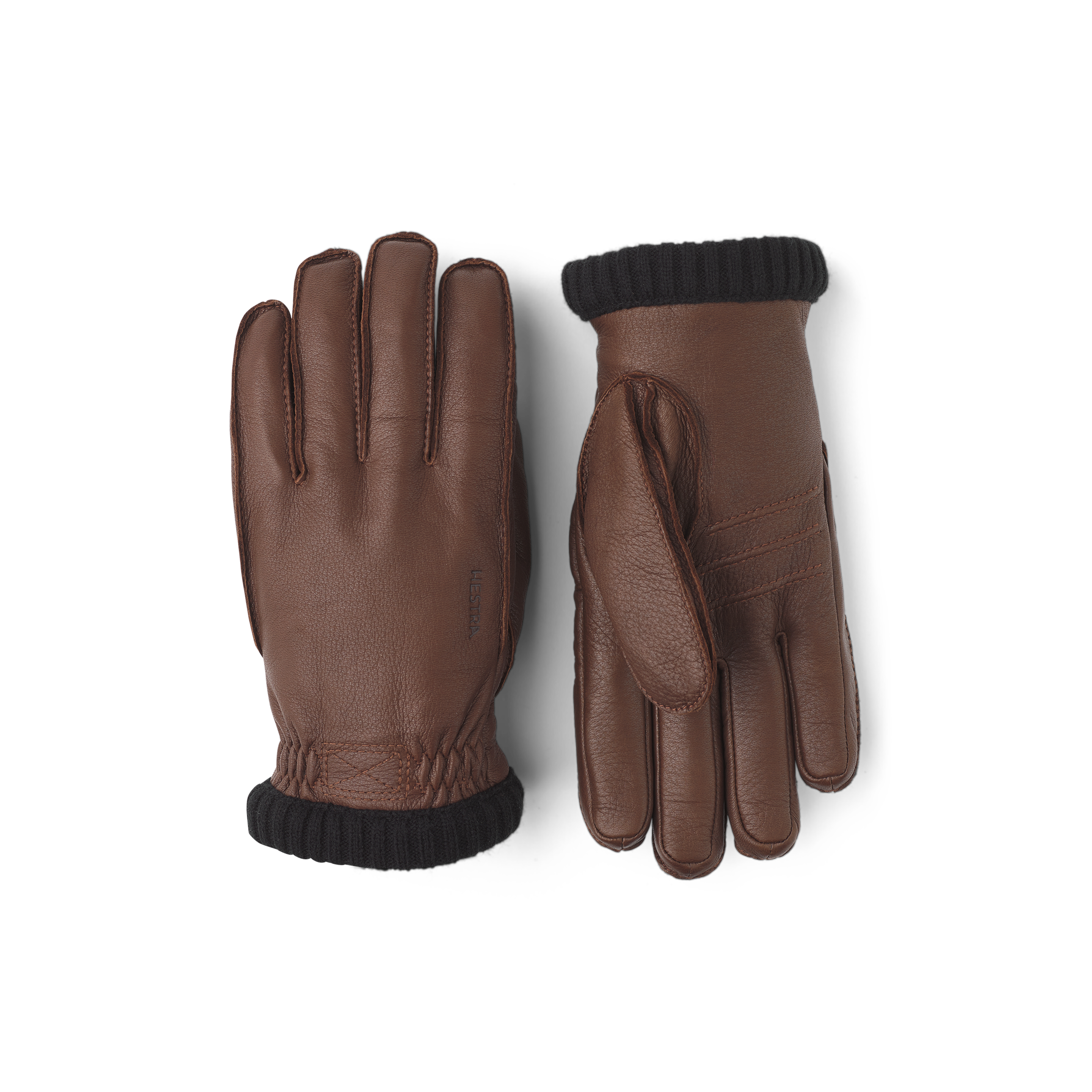 Brown machine-sewn deerskin glove with knitted cuff