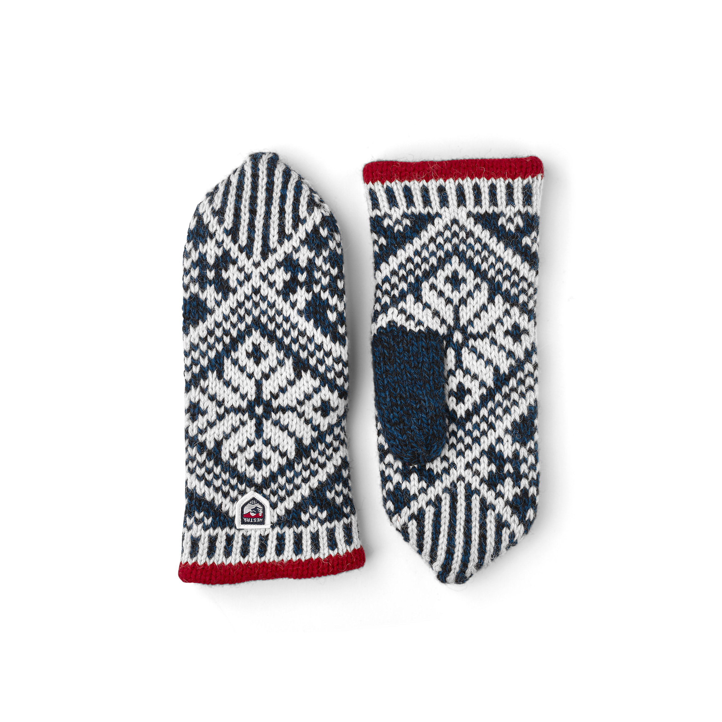Blue and white knitted mitten in Shetland wool