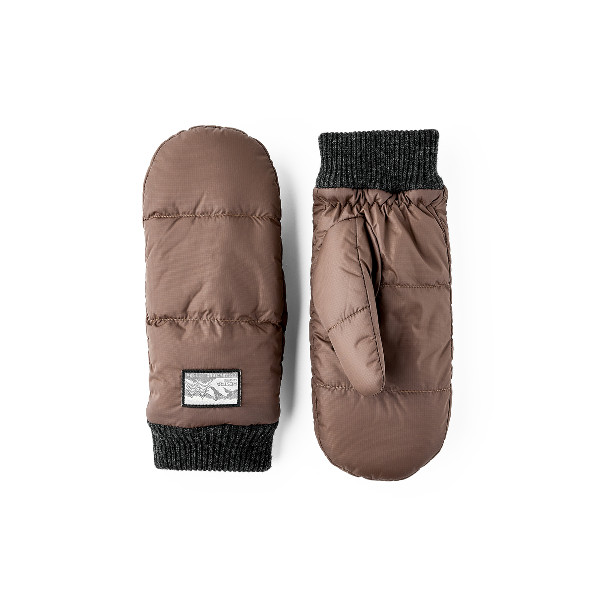 Brown fabric mitten with dark gray knitted cuff