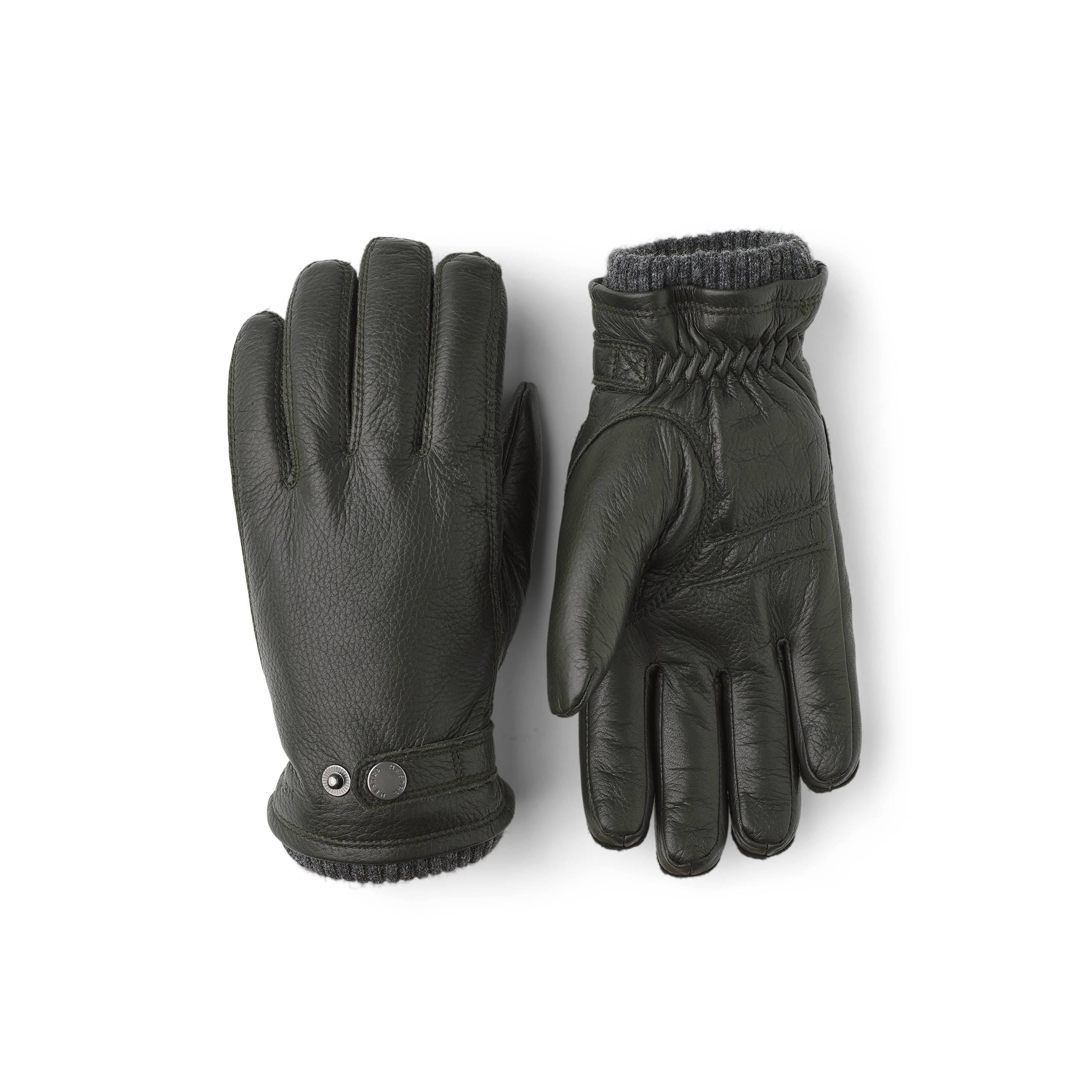 Dark green machine-sewn elk leather glove with leather strap and button