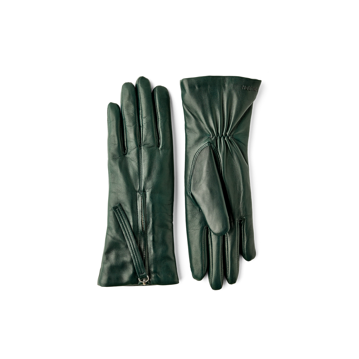 Dark green machine-sewn hairsheep leather glove with zip