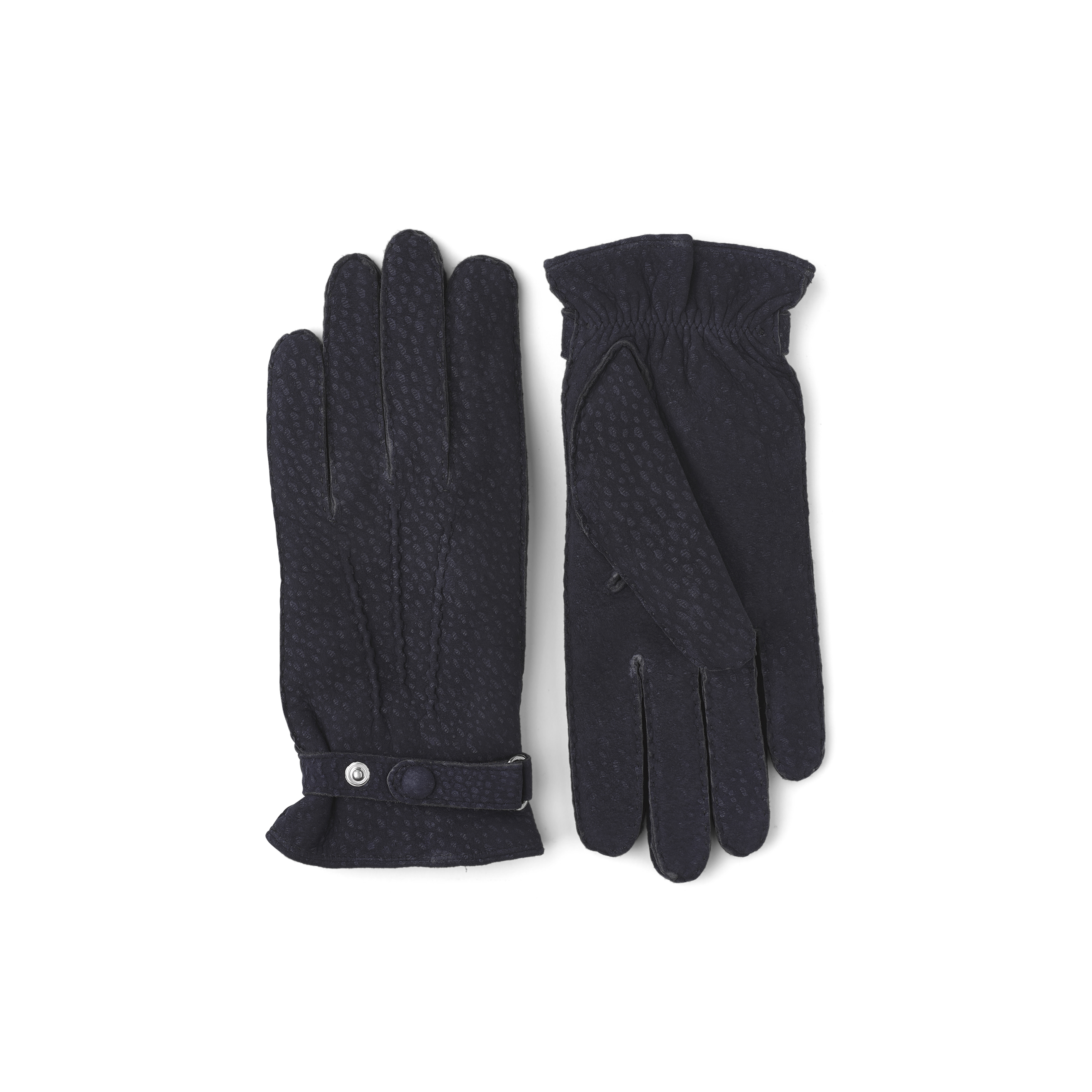 Dark blue hand-sewn glove in carpincho nubuck with leather strap and button