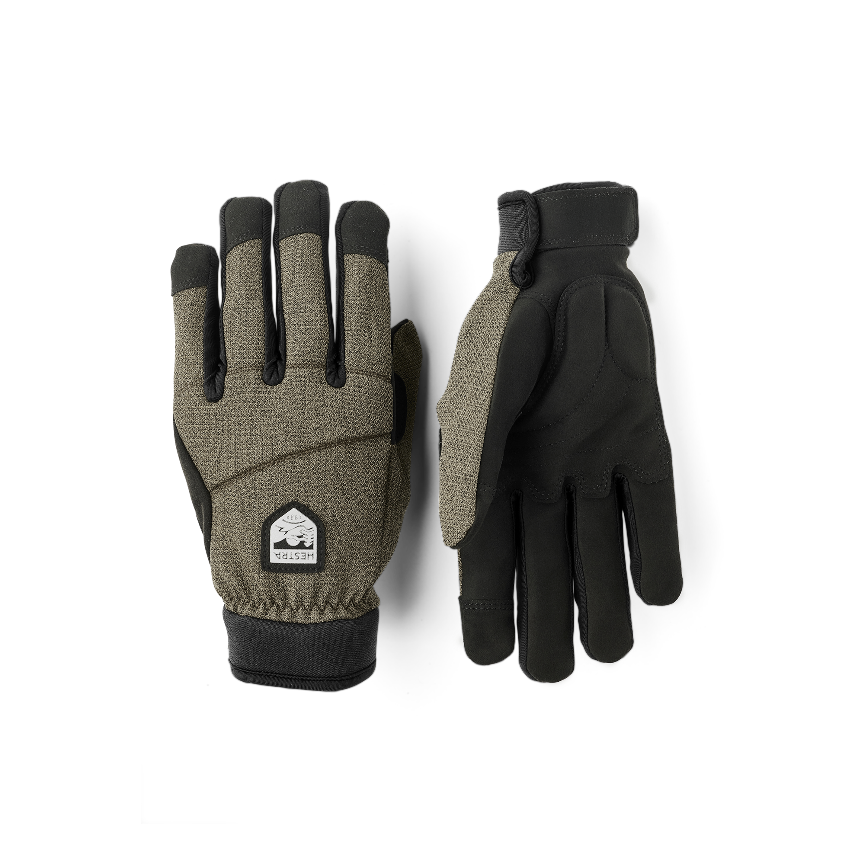 Moss green fabric cycling glove with black synthetic suede palm