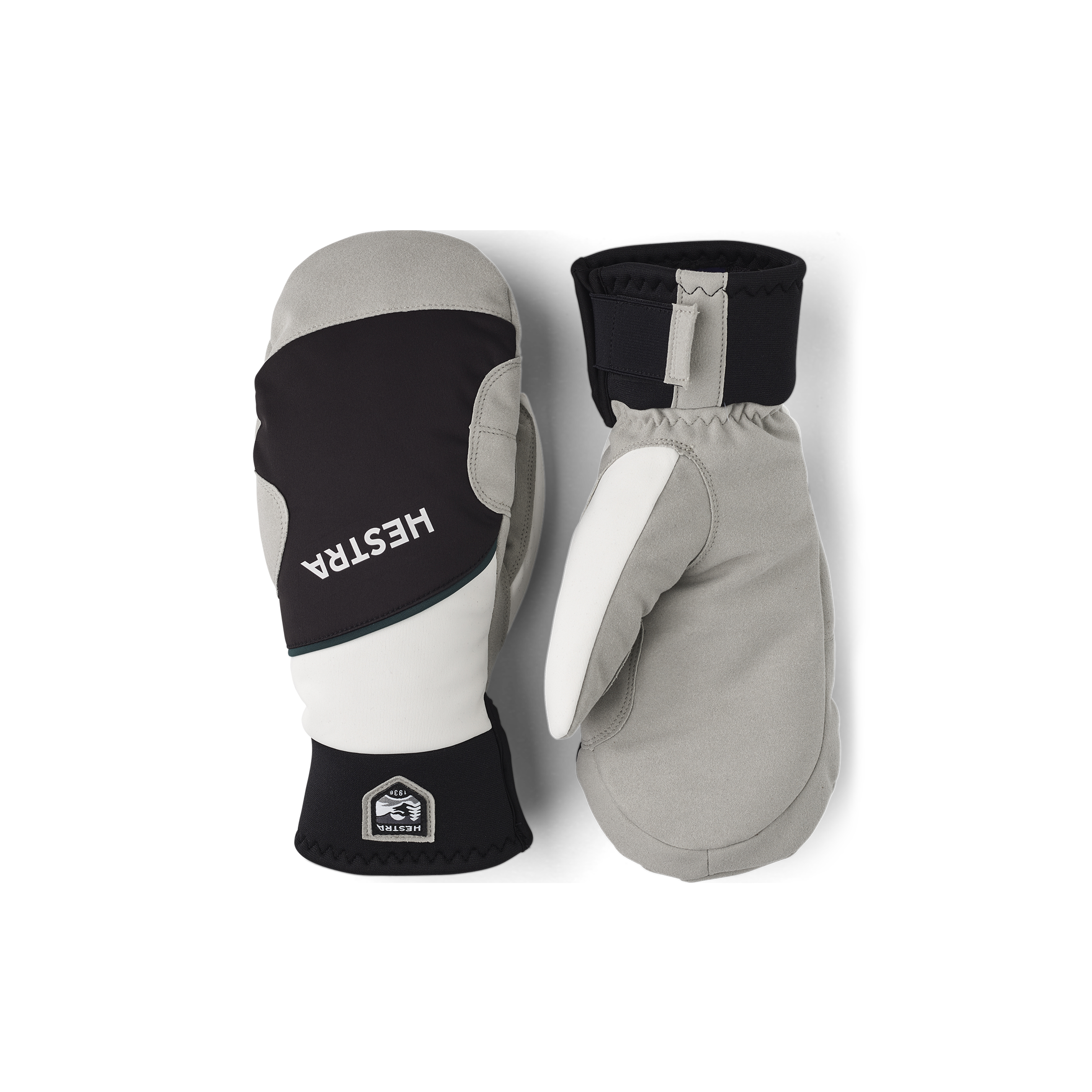 Black and white fabric mitten with gray synthetic suede palm