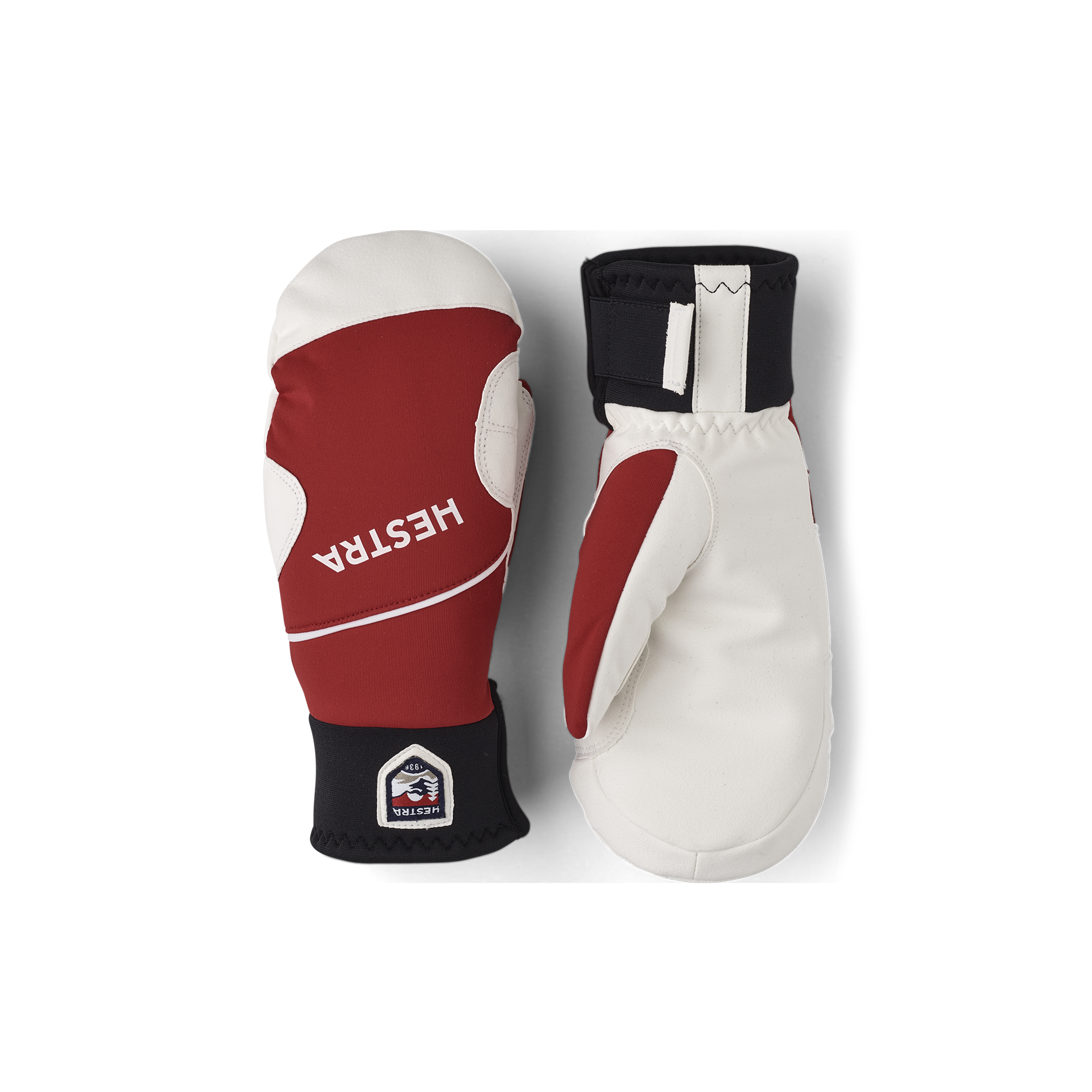 Red fabric mitten with white synthetic suede palm