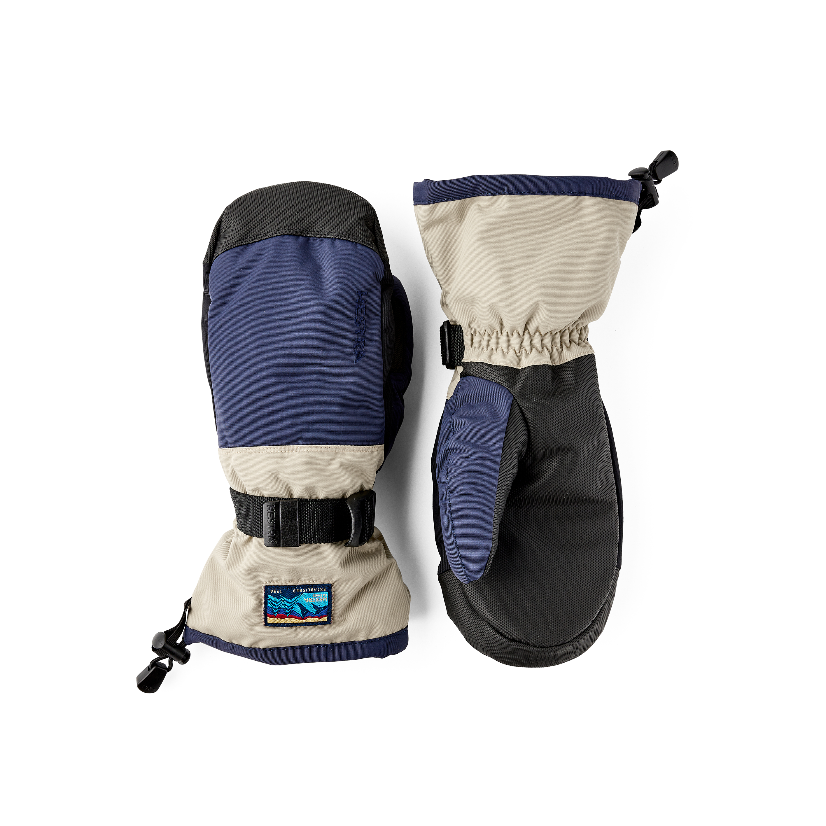 Blue and beige fabric mitten with black synthetic palm