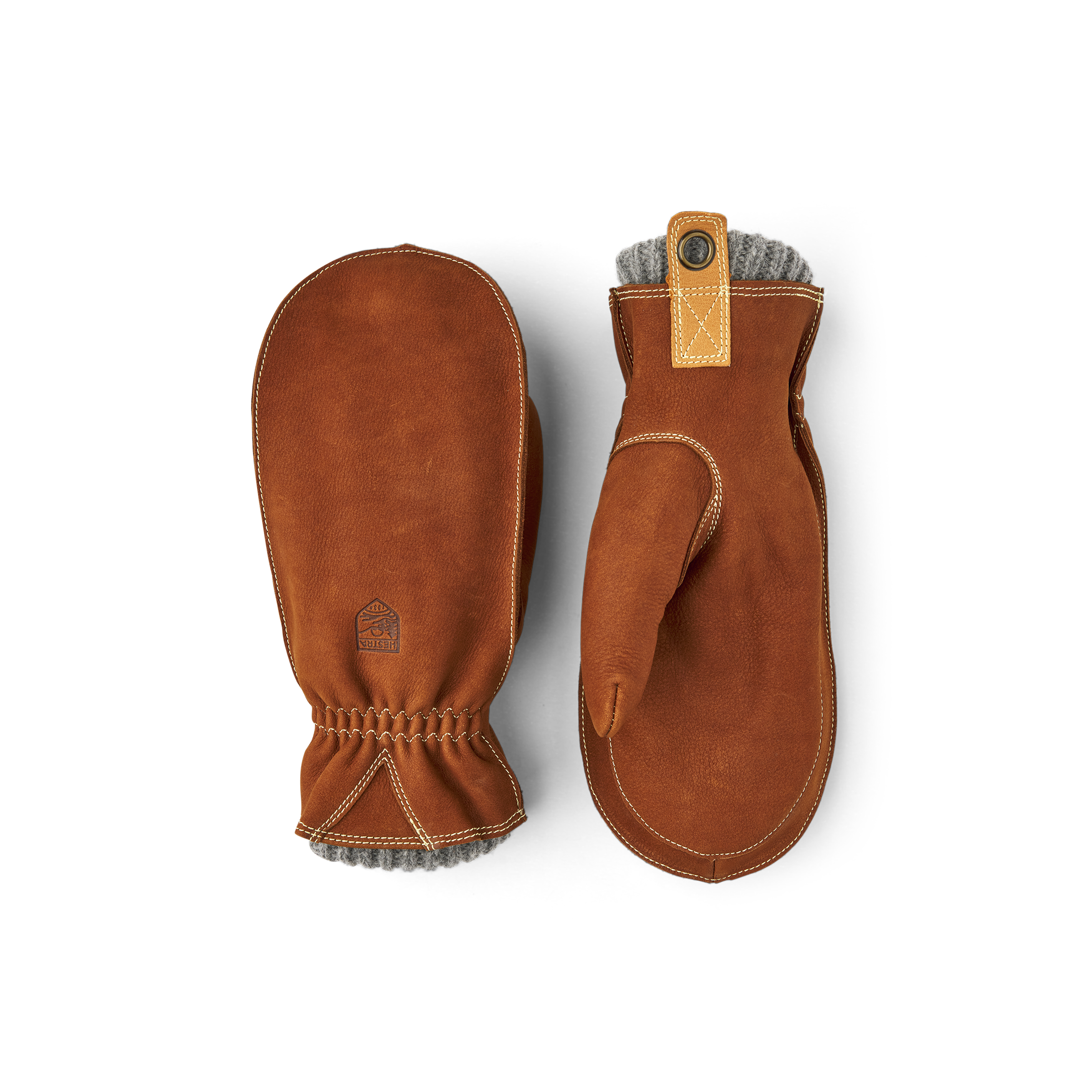 Brown cow nubuck mitten with knitted lining