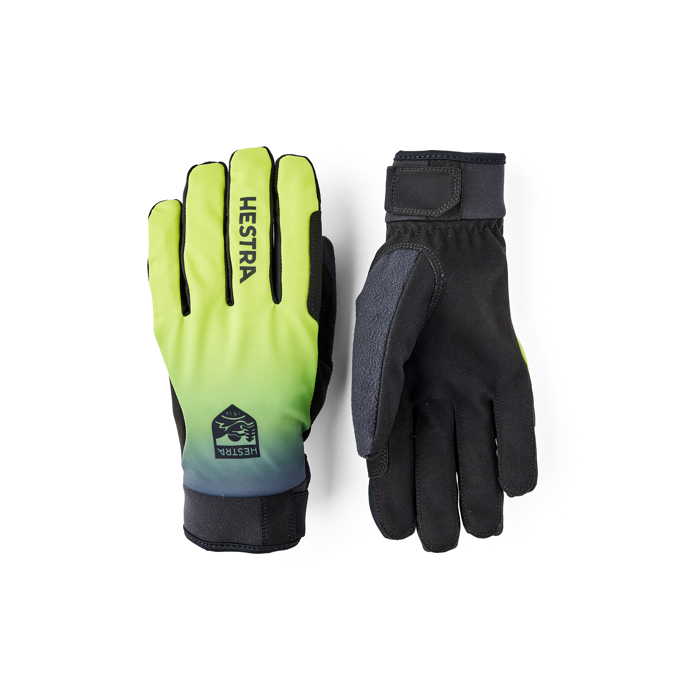 Hi-vis yellow fabric cross-country ski glove with black synthetic suede palm