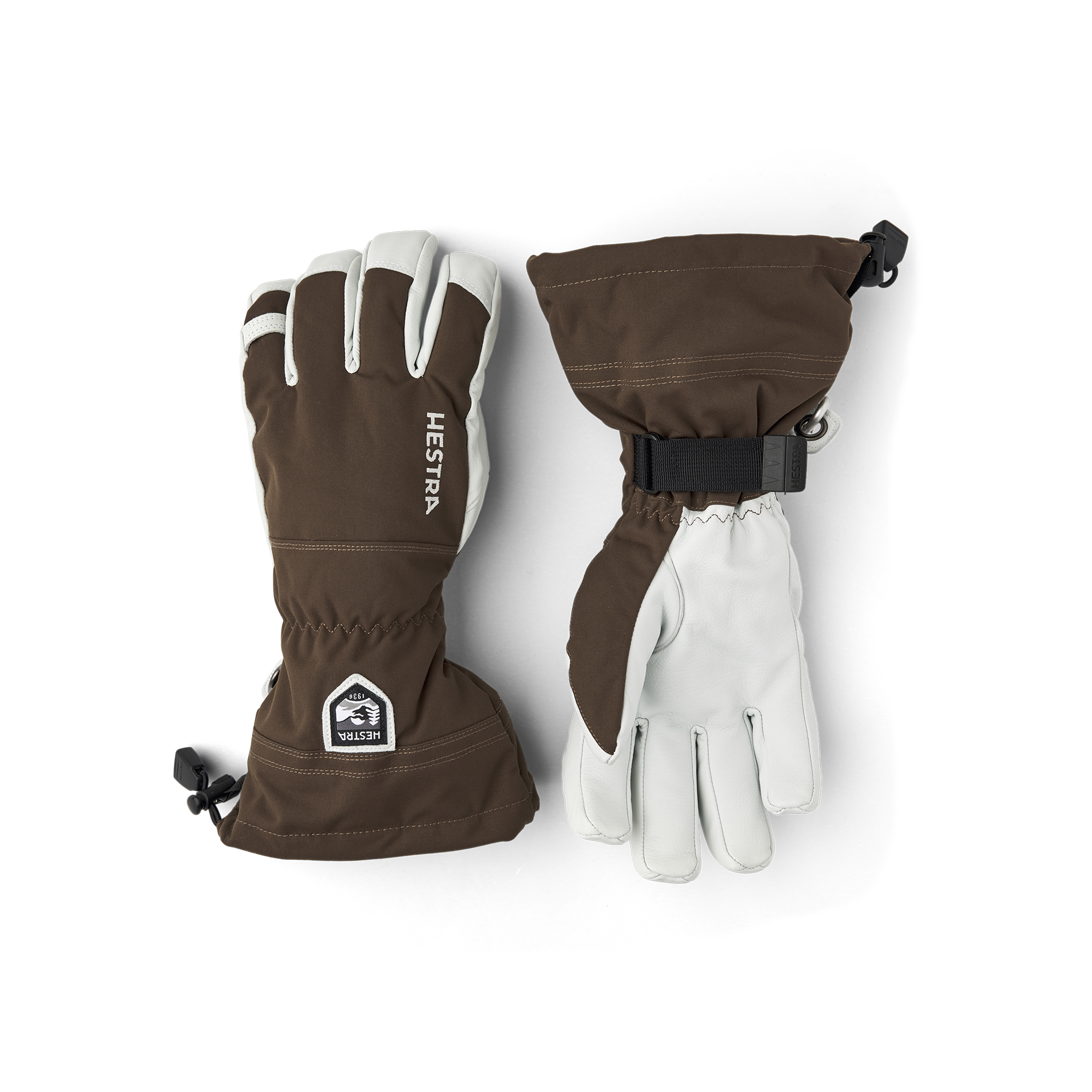 Dark brown ski glove with white goat leather palm