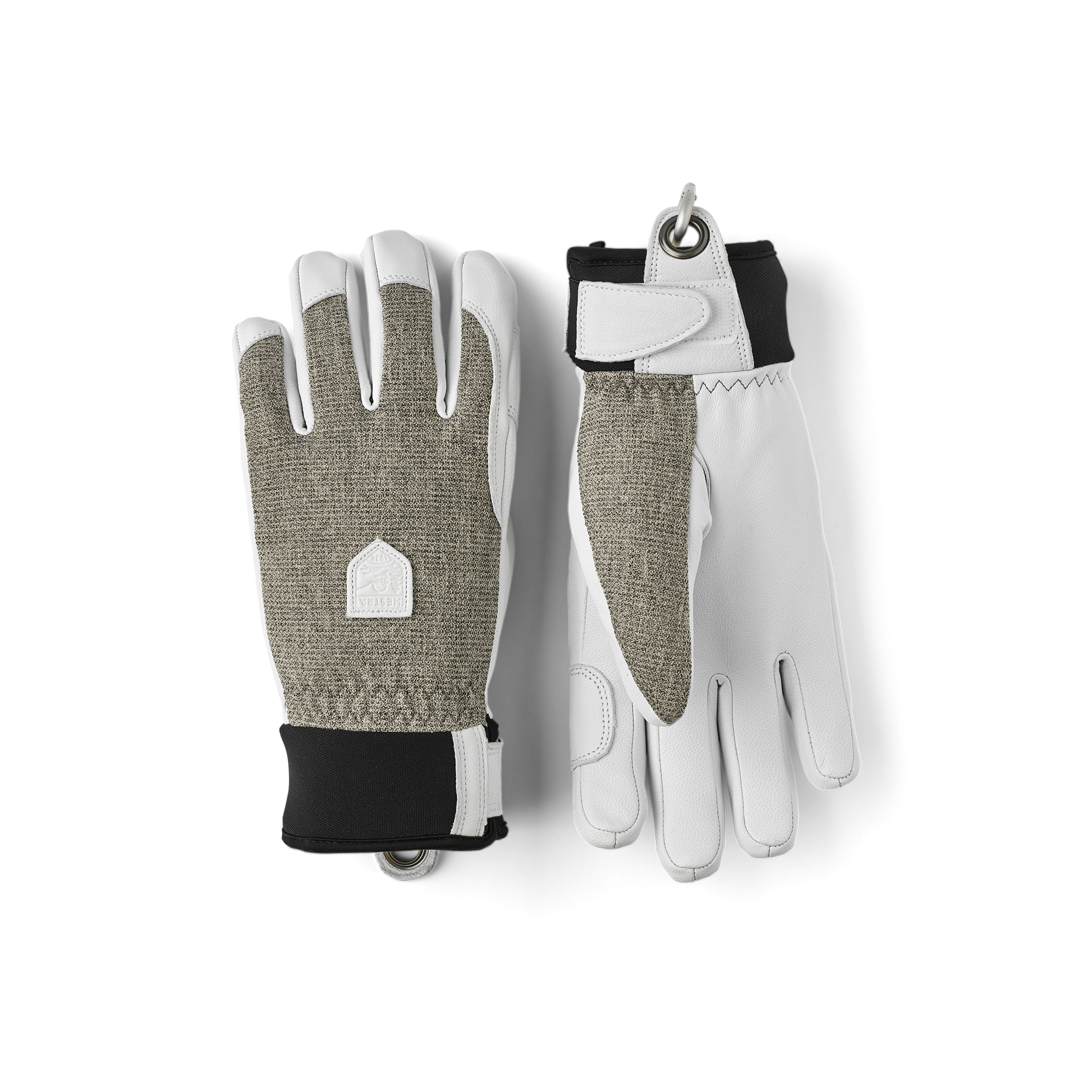 Light gray ski glove with white goat leather palm