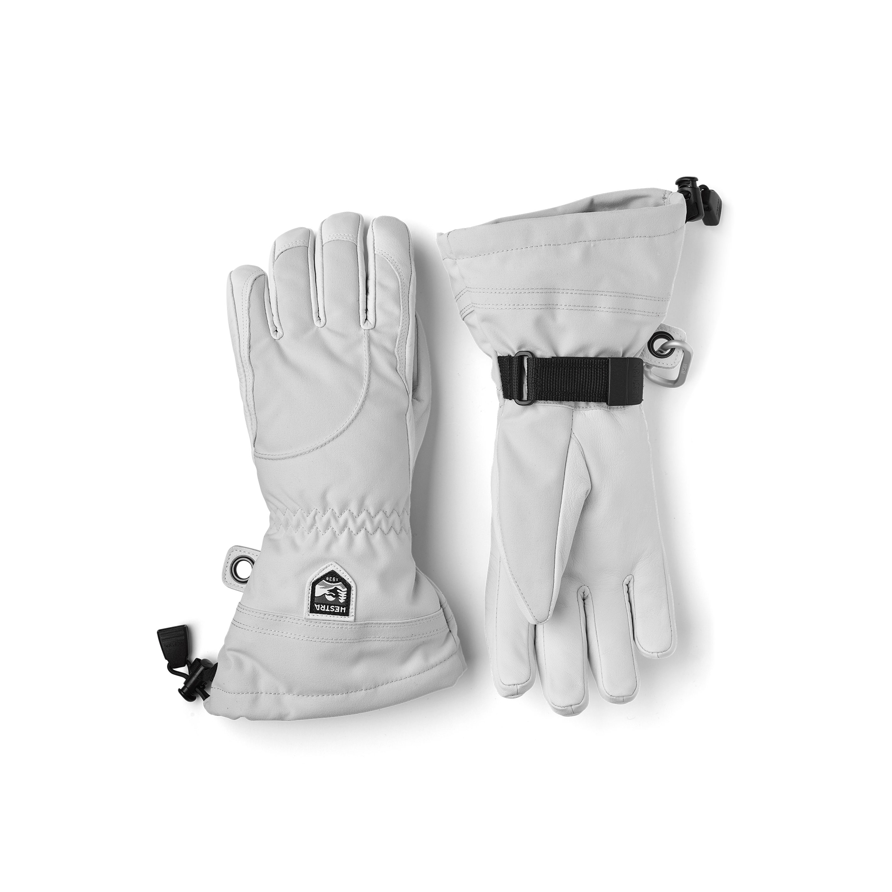 Light gray ski glove with white goat leather palm