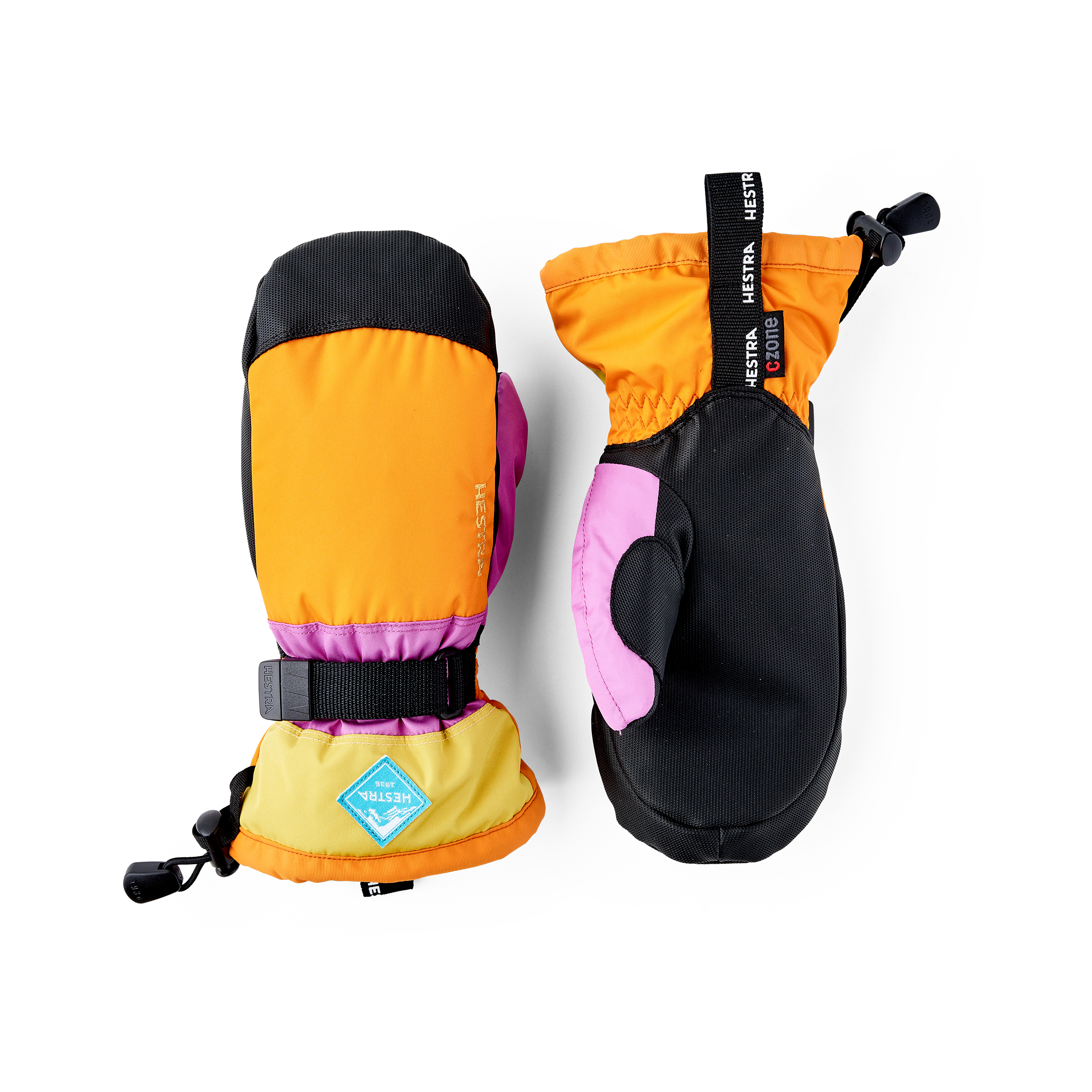 Orange and pink mitten with black synthetic palm and wrist adjustment