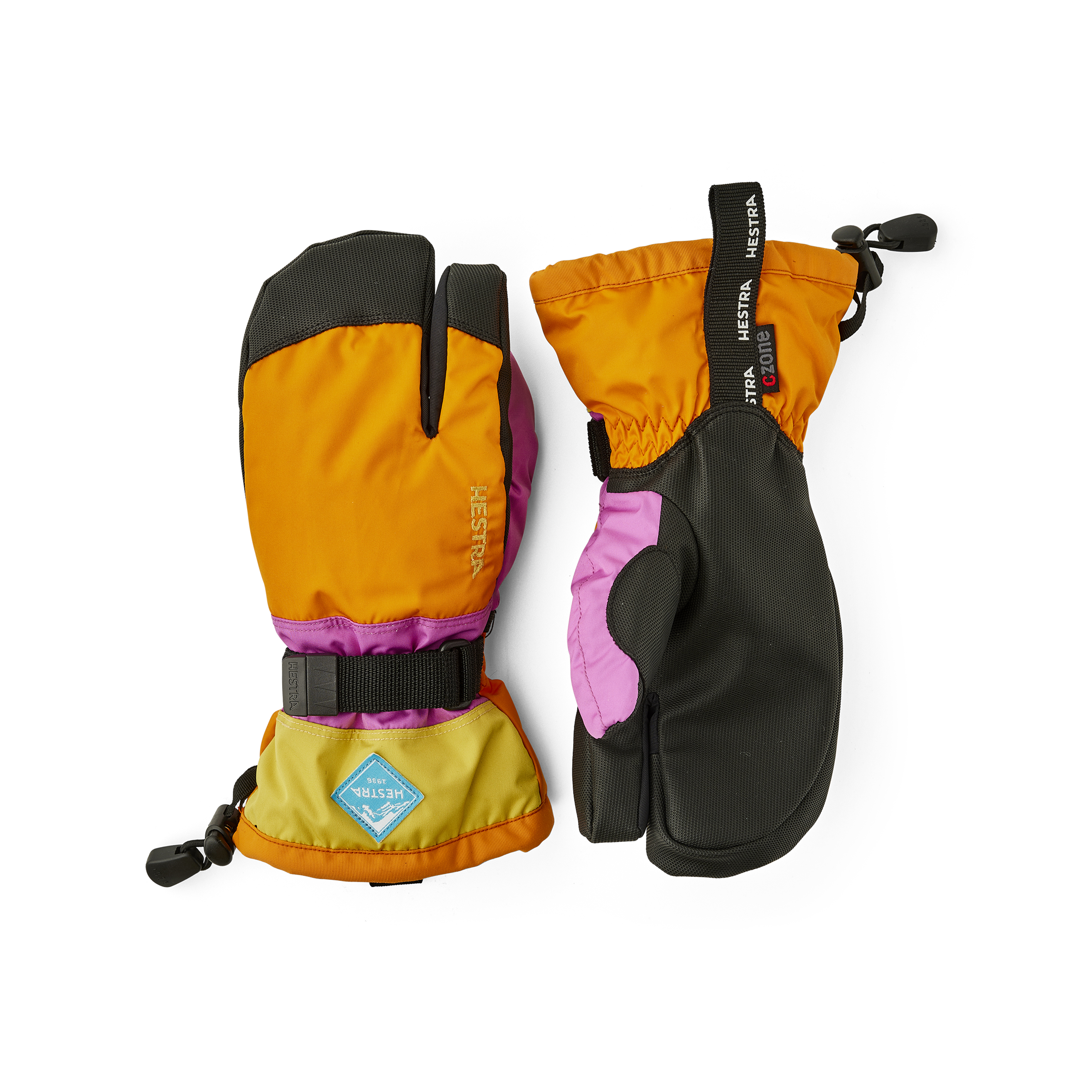 Orange and pink three finger glove with black synthetic palm and wrist adjustment